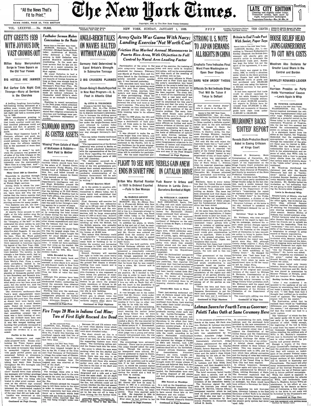 Sunday, January 1, 1939 – The New York Times Front Page
