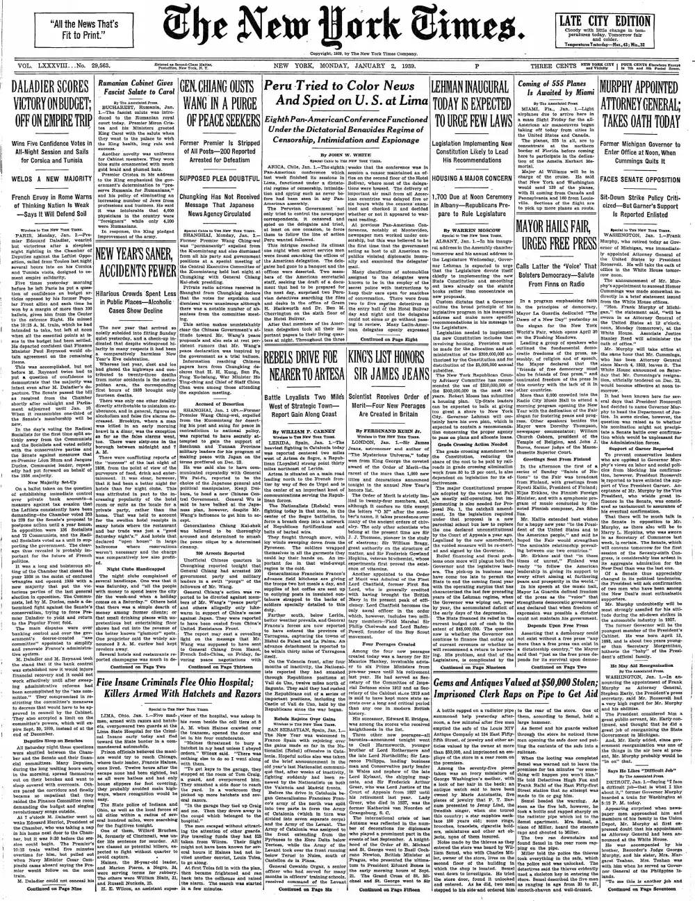 Monday, January 2, 1939 – The New York Times Front Page