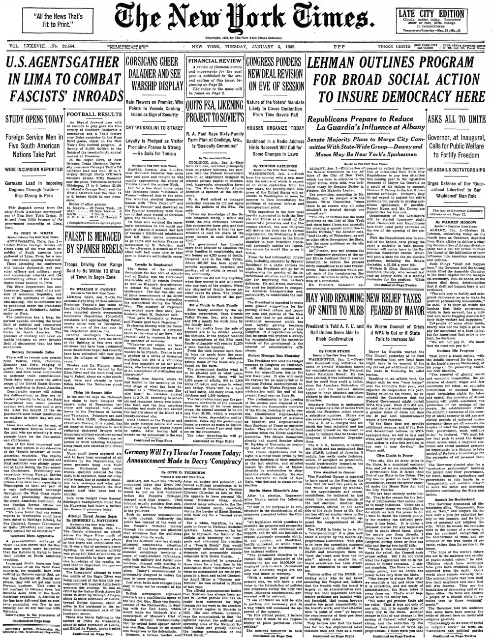 Tuesday, January 3, 1939 – The New York Times Front Page
