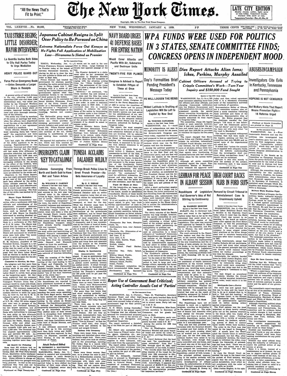 Wednesday, January 4, 1939 – The New York Times Front Page