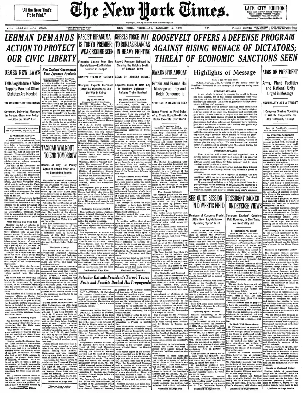 Thursday, January 5, 1939 – The New York Times Front Page