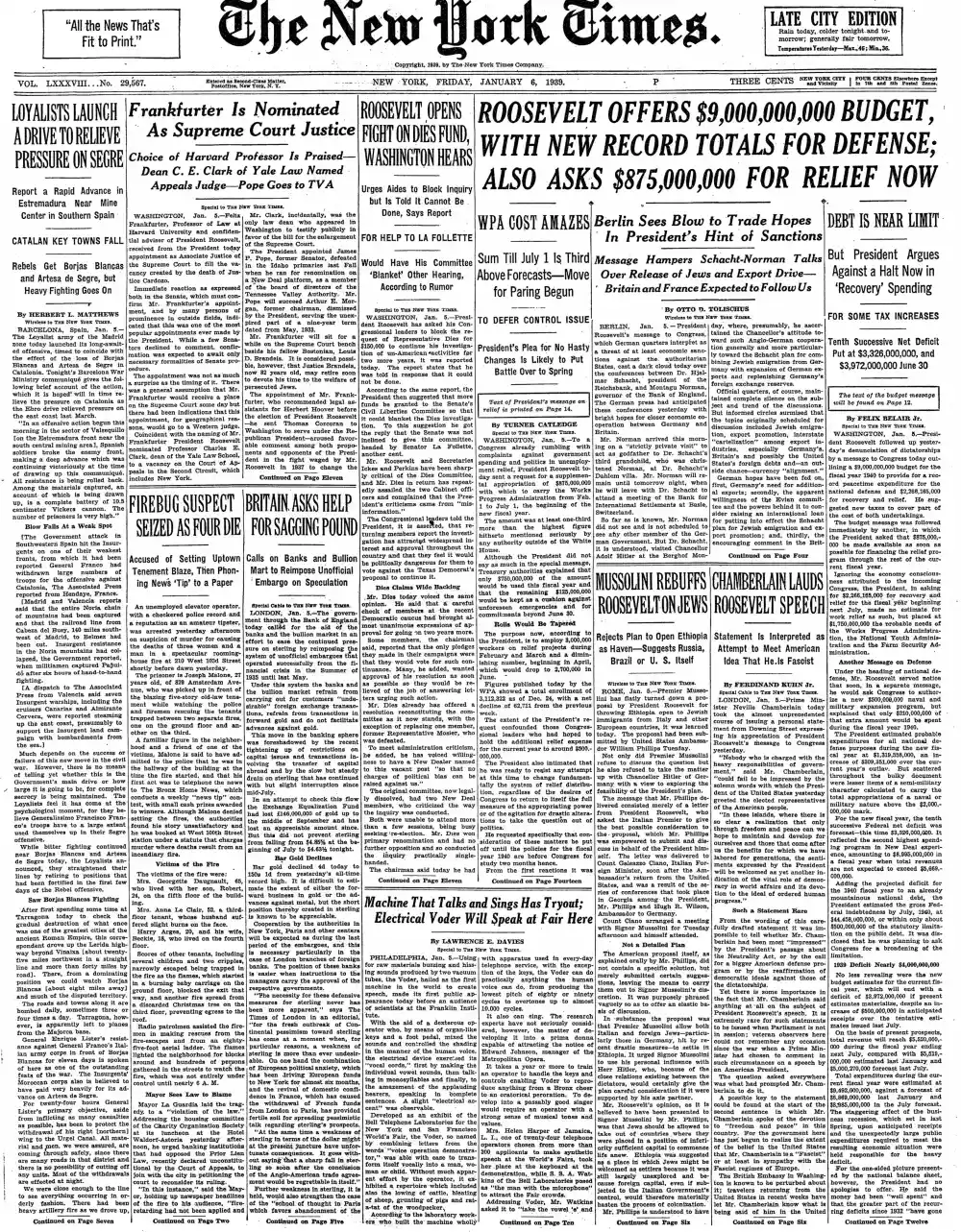Friday, January 6, 1939 – The New York Times Front Page