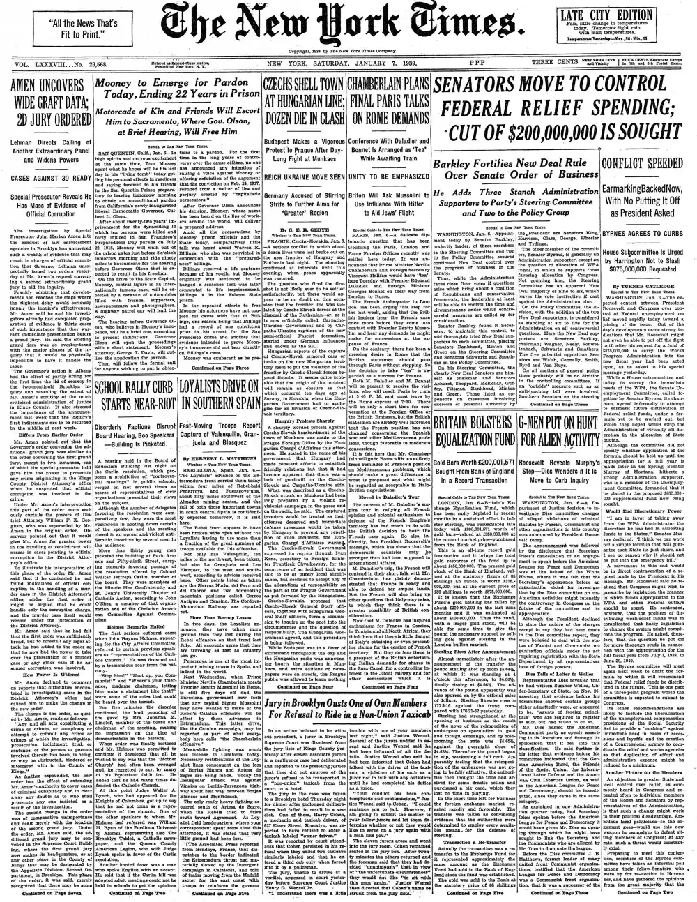 Saturday, January 7, 1939 – The New York Times Front Page