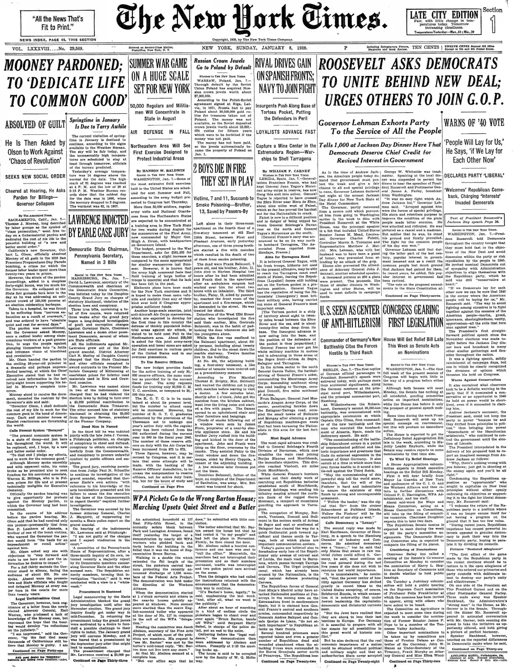 Sunday, January 8, 1939 – The New York Times Front Page