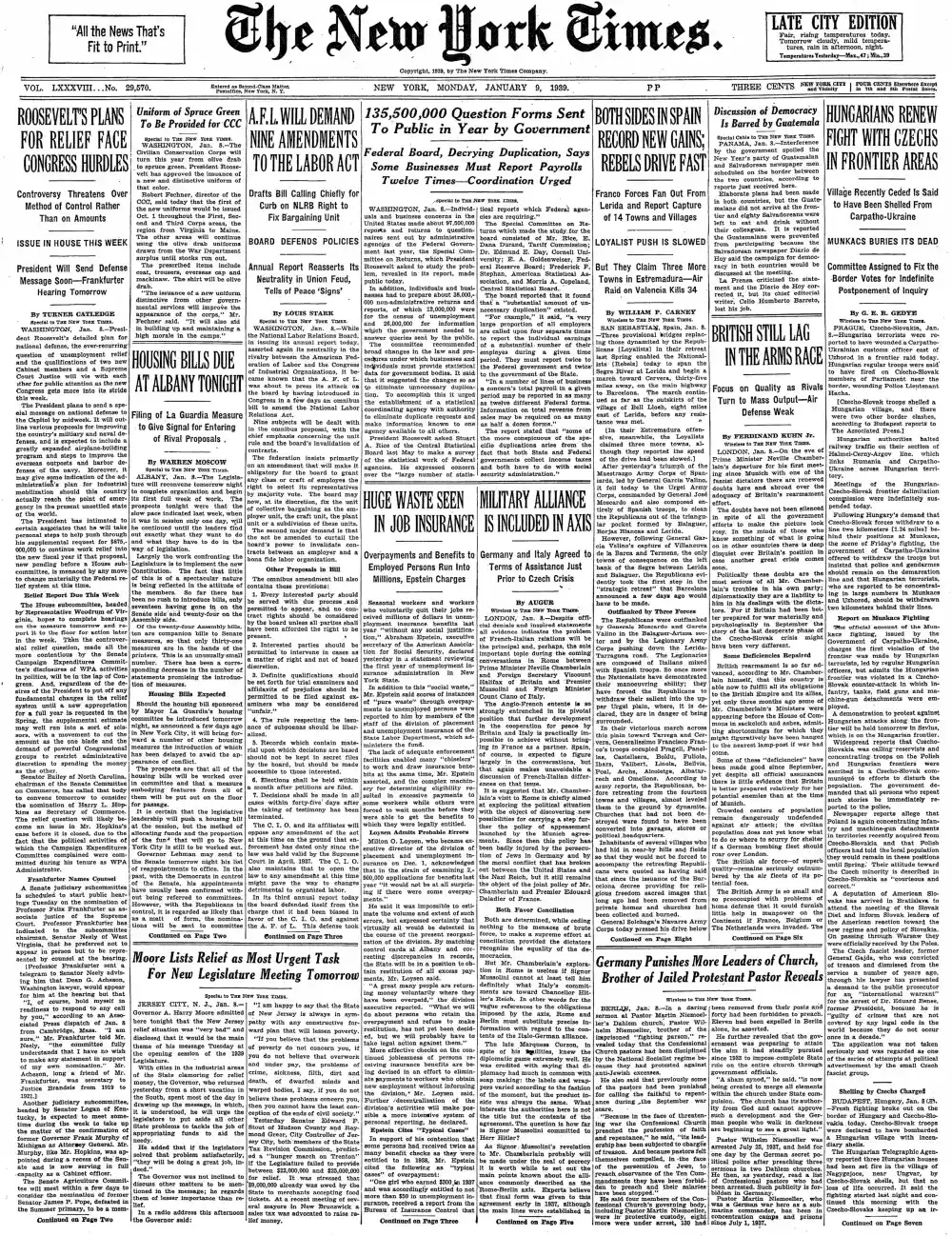 Monday, January 9, 1939 – The New York Times Front Page