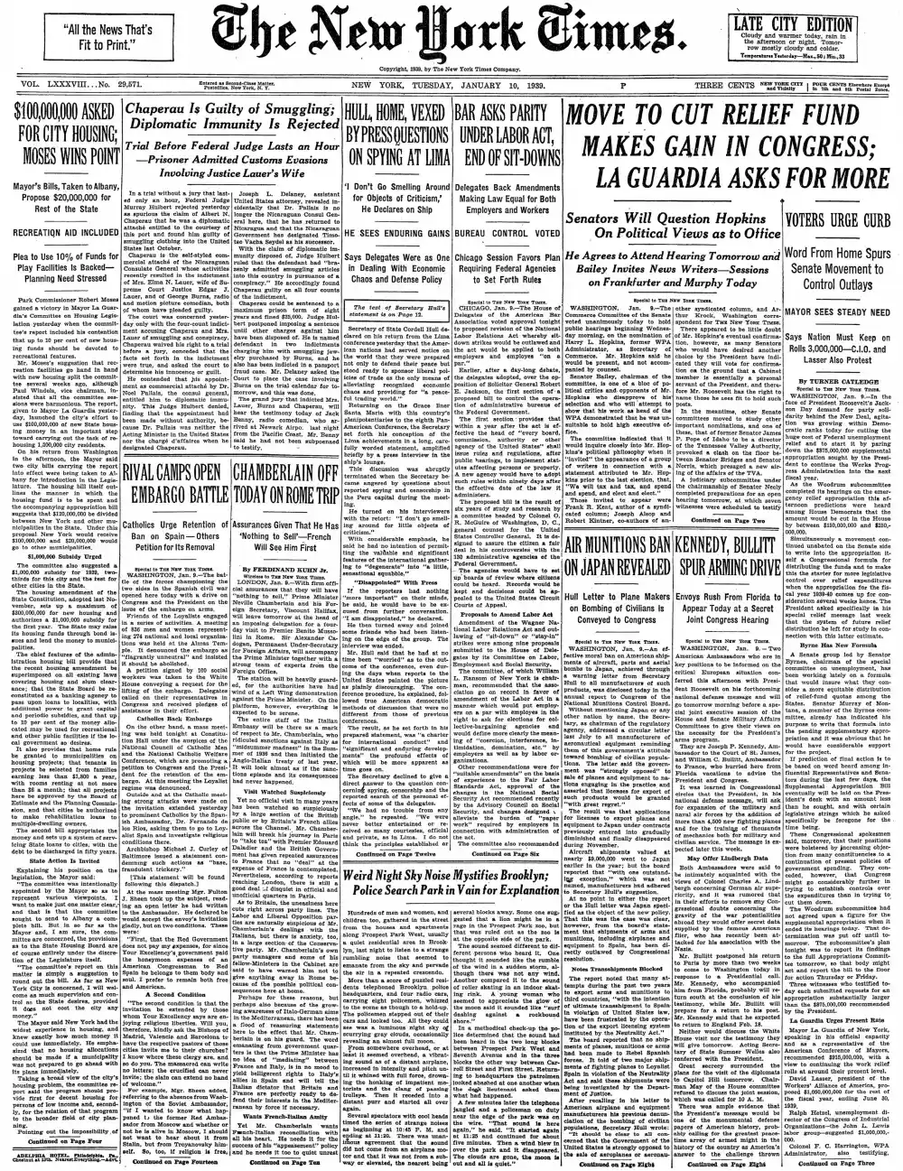 Tuesday, January 10, 1939 – The New York Times Front Page