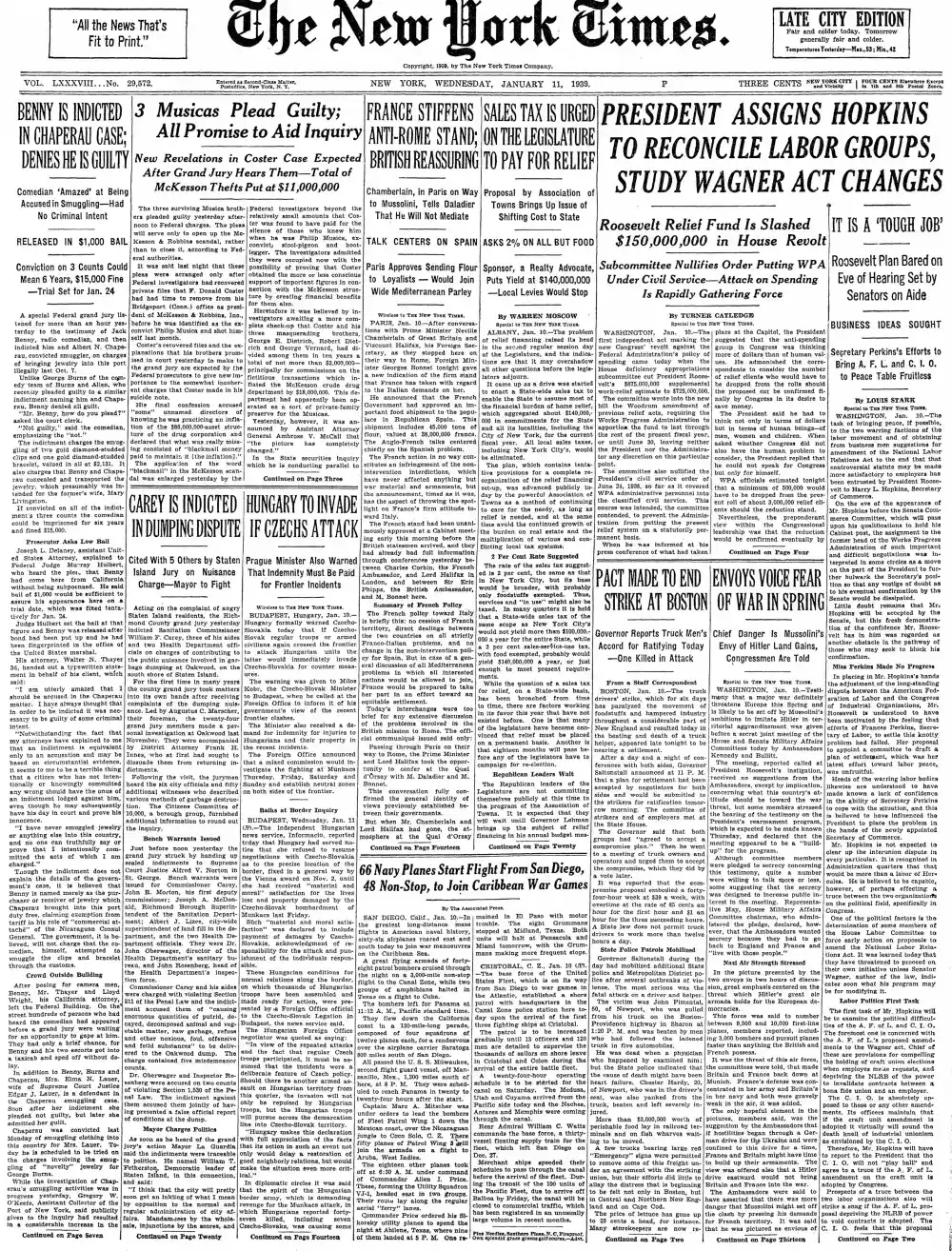 Wednesday, January 11, 1939 – The New York Times Front Page