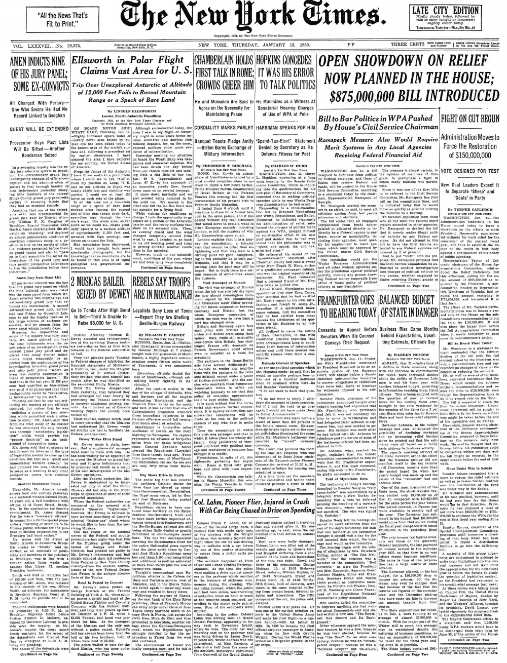Thursday, January 12, 1939 – The New York Times Front Page
