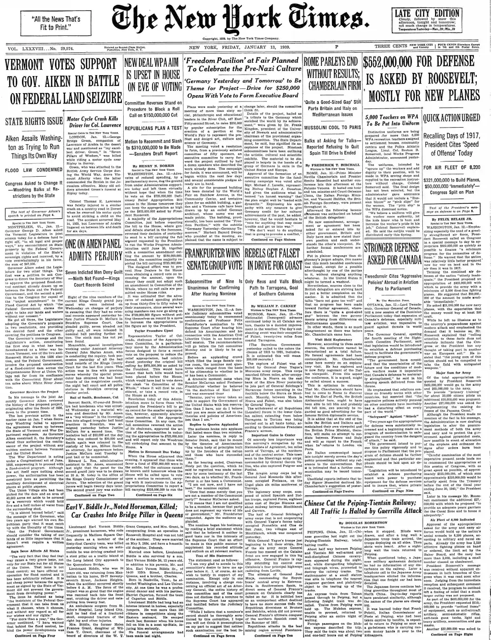 Friday, January 13, 1939 – The New York Times Front Page