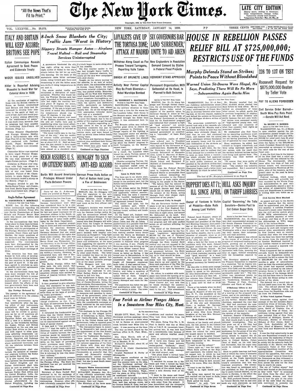 Saturday, January 14, 1939 – The New York Times Front Page