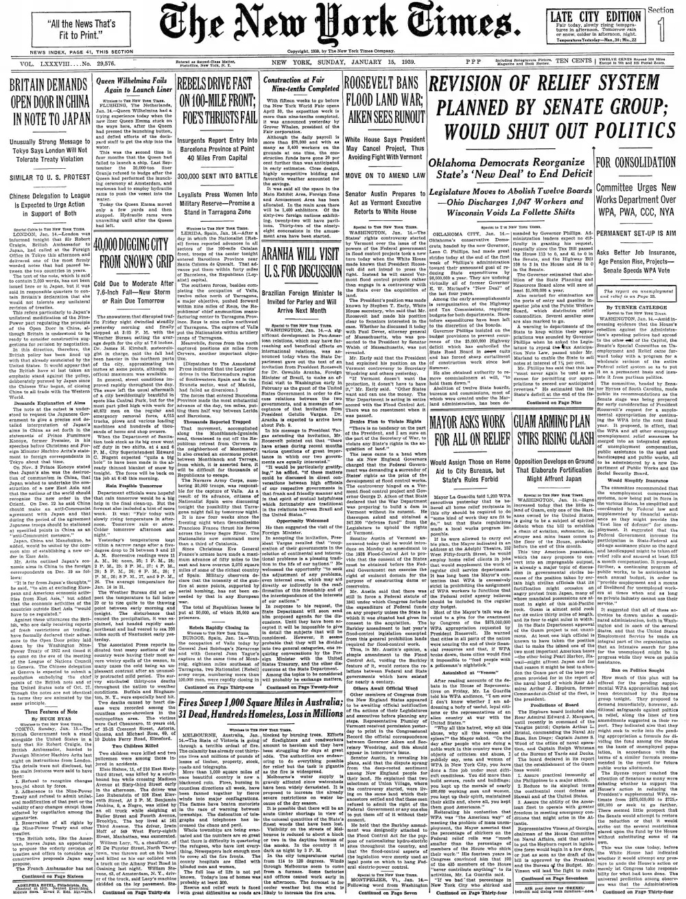 Sunday, January 15, 1939 – The New York Times Front Page