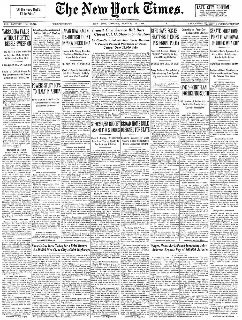 Monday, January 16, 1939 – The New York Times Front Page