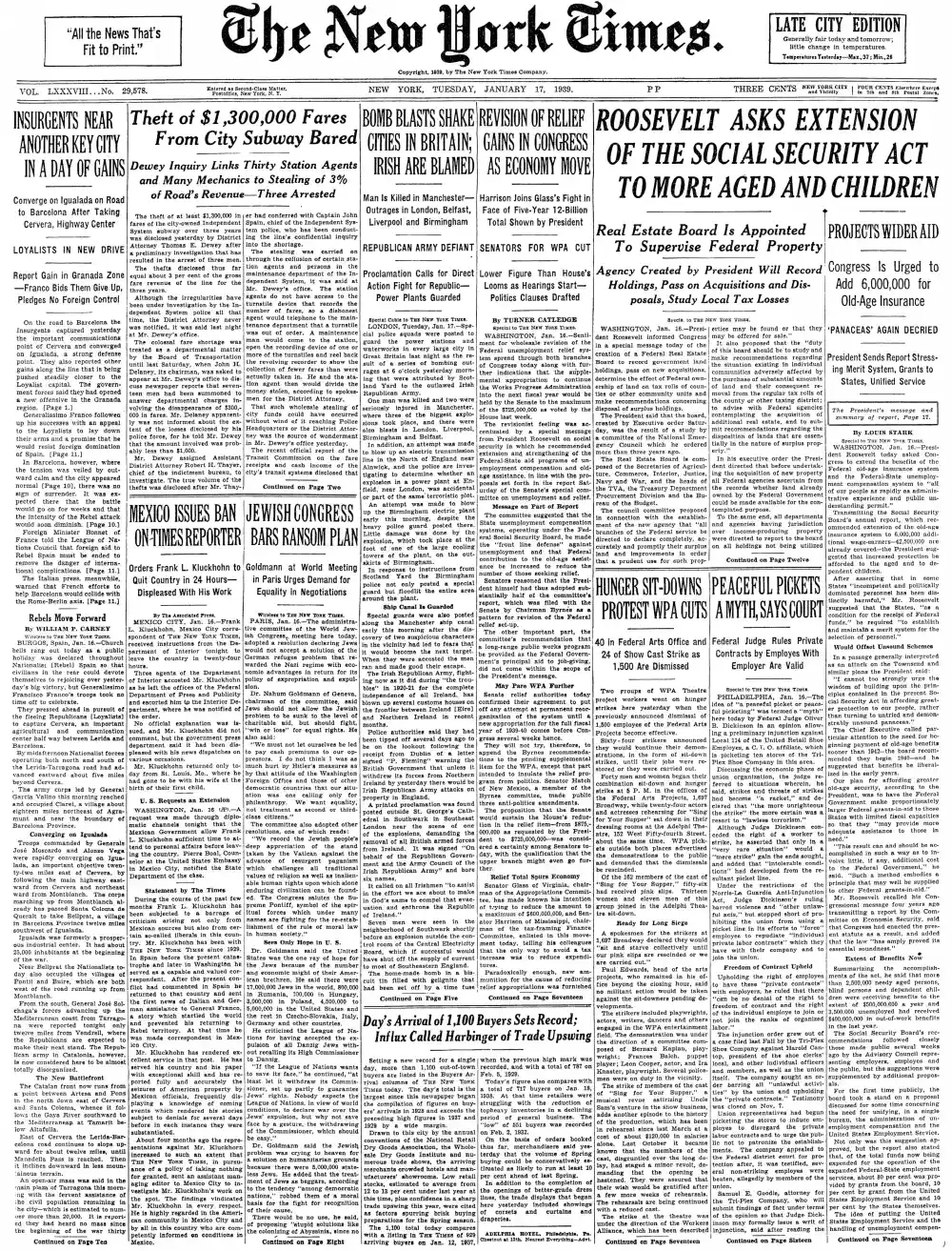 Tuesday, January 17, 1939 – The New York Times Front Page