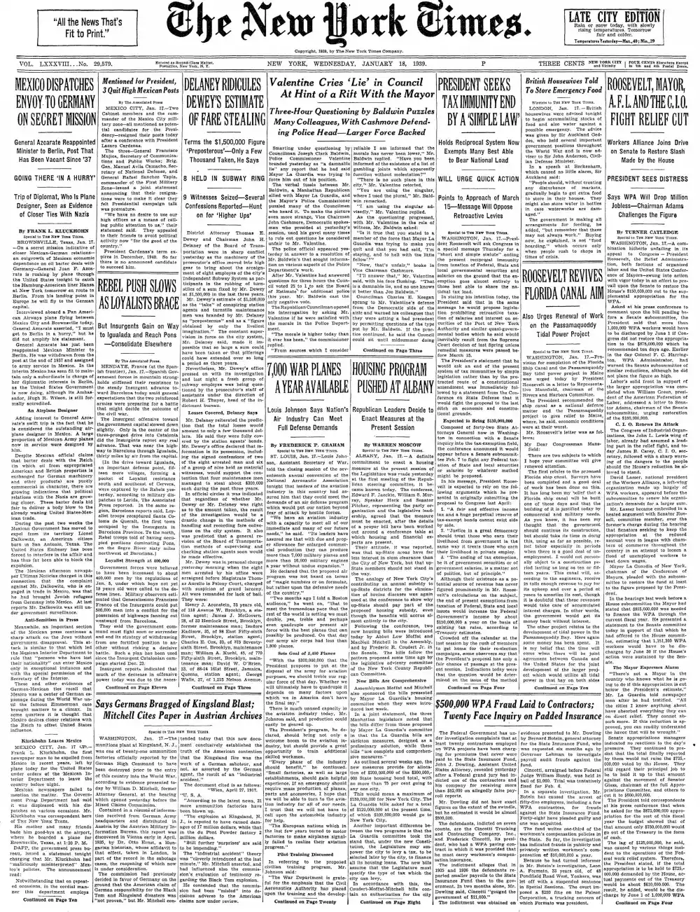 Wednesday, January 18, 1939 – The New York Times Front Page