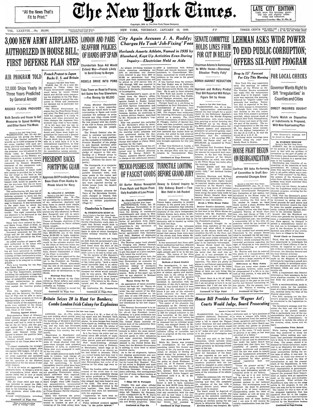 Thursday, January 19, 1939 – The New York Times Front Page