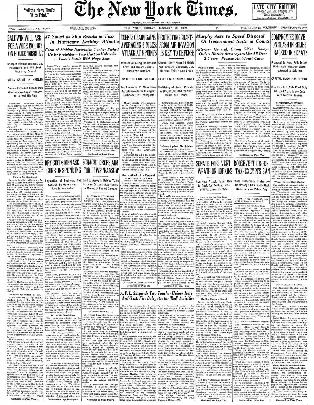 Friday, January 20, 1939 – The New York Times Front Page