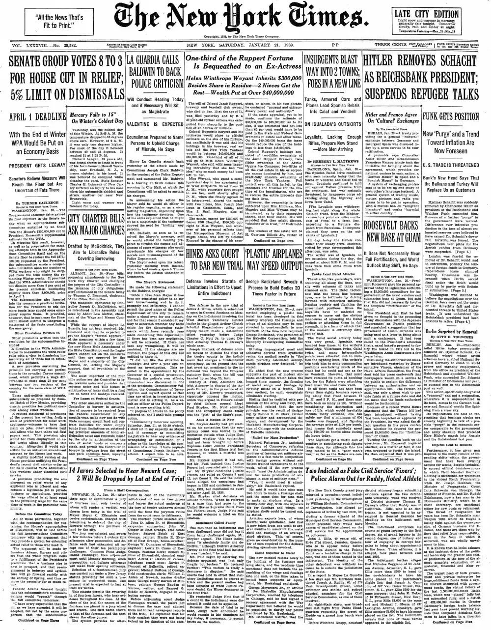 Saturday, January 21, 1939 – The New York Times Front Page
