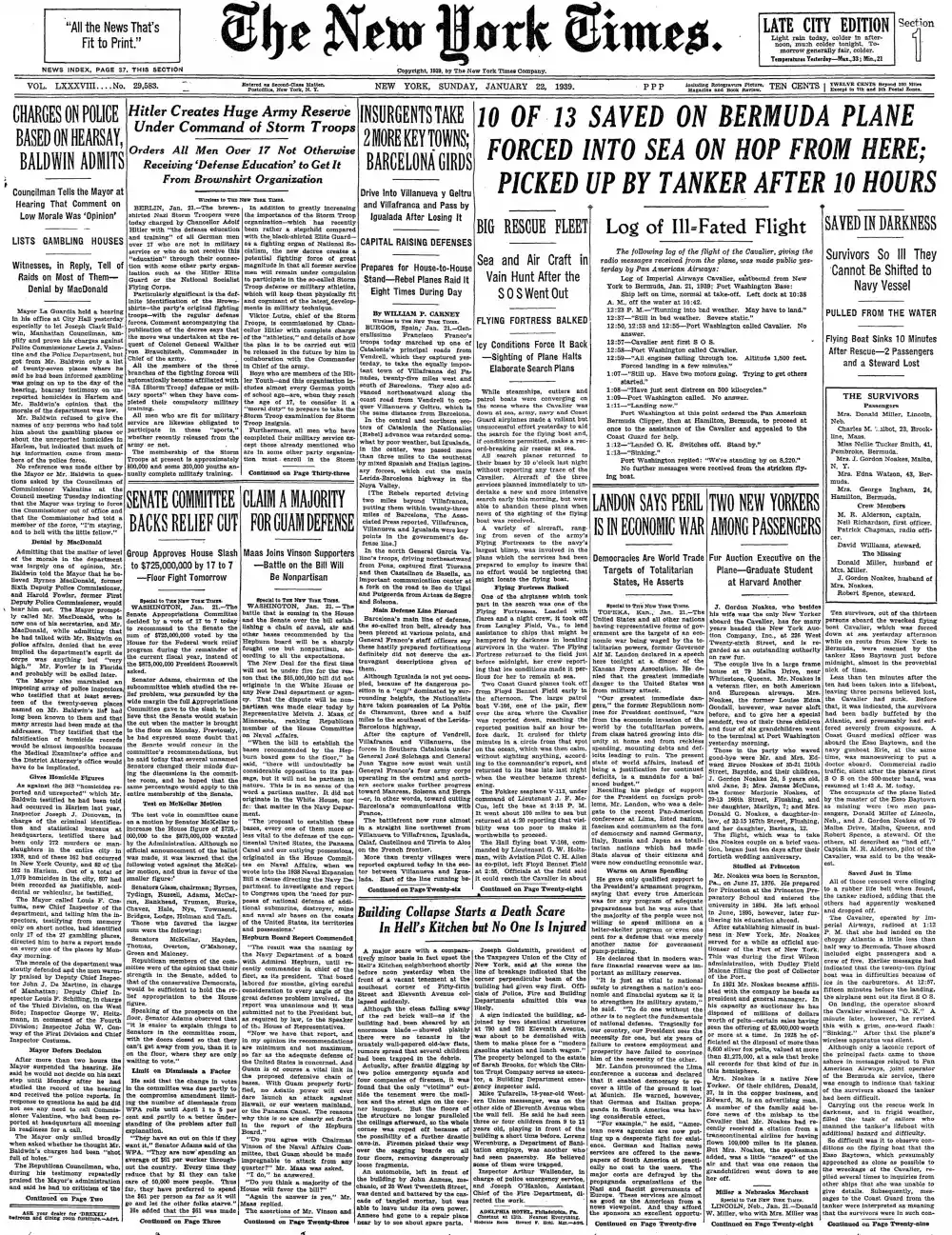 Sunday, January 22, 1939 – The New York Times Front Page