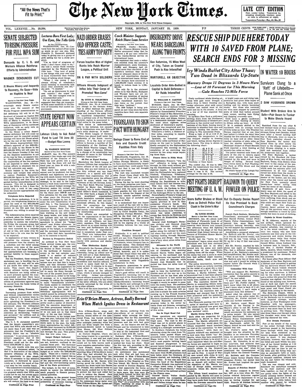 Monday, January 23, 1939 – The New York Times Front Page