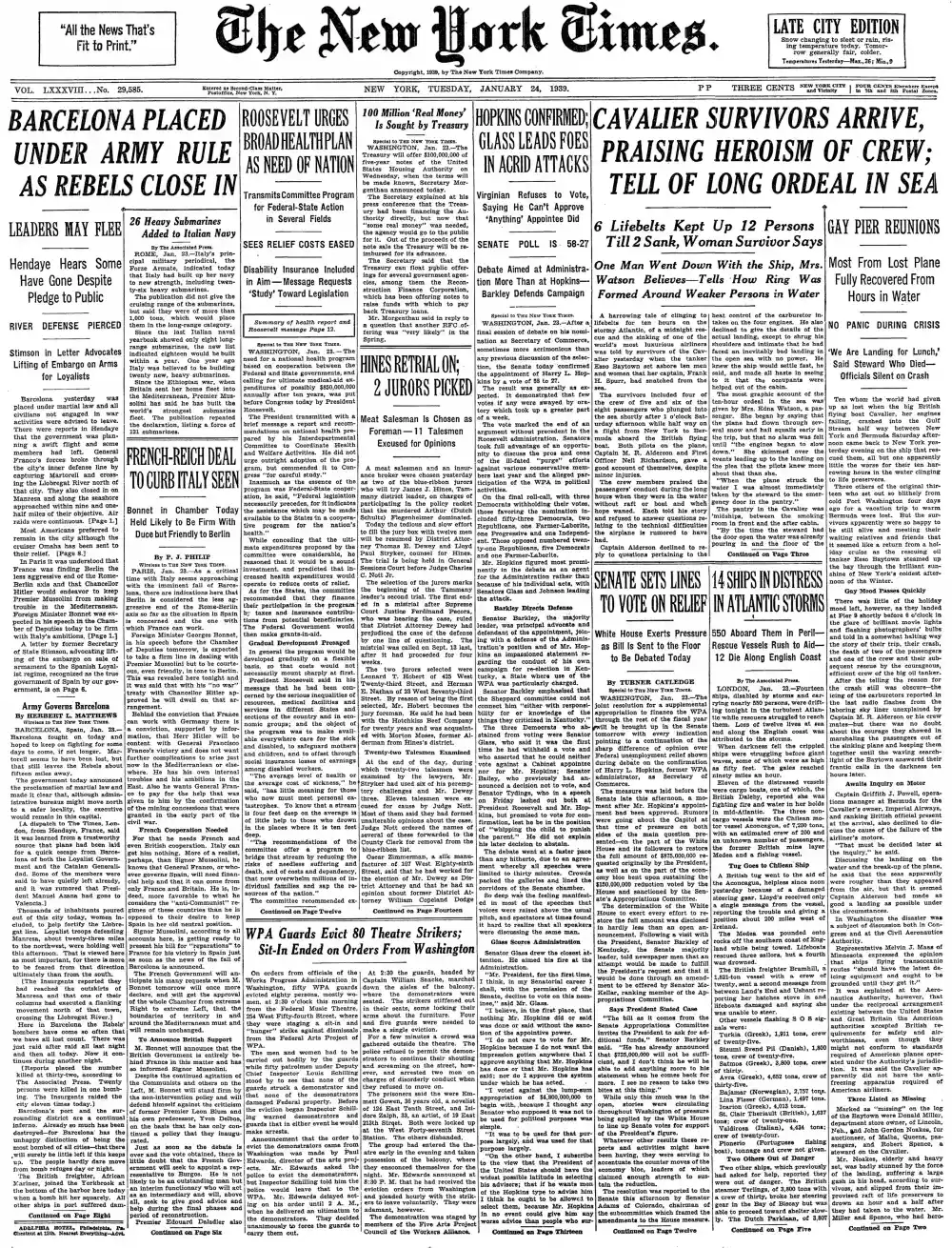 Tuesday, January 24, 1939 – The New York Times Front Page
