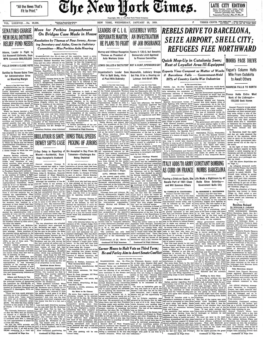 Wednesday, January 25, 1939 – The New York Times Front Page
