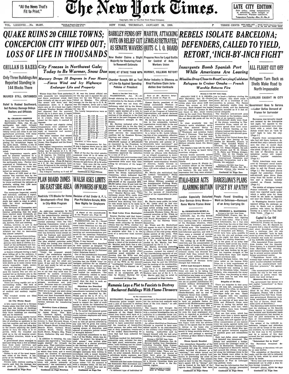 Thursday, January 26, 1939 – The New York Times Front Page
