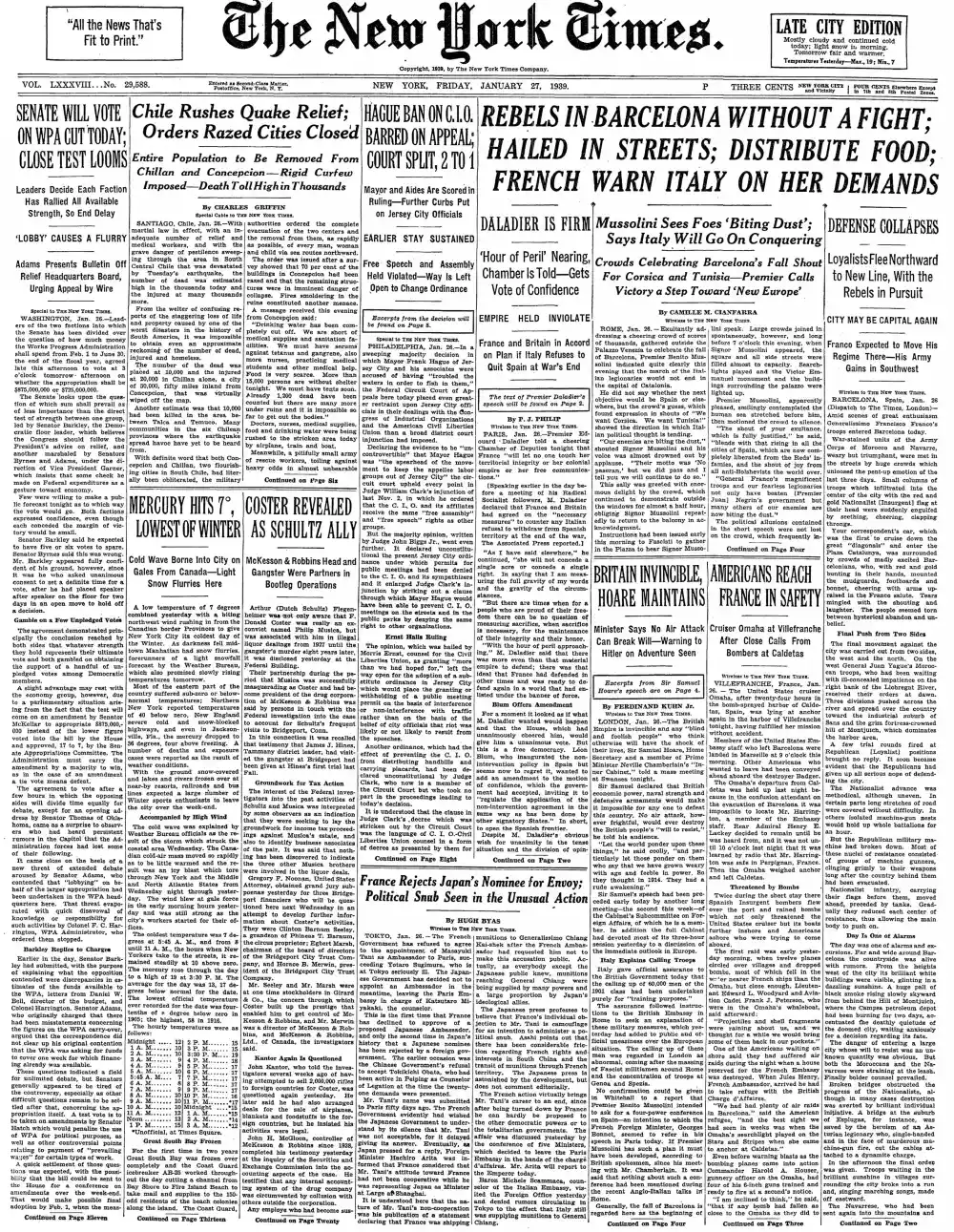 Friday, January 27, 1939 – The New York Times Front Page