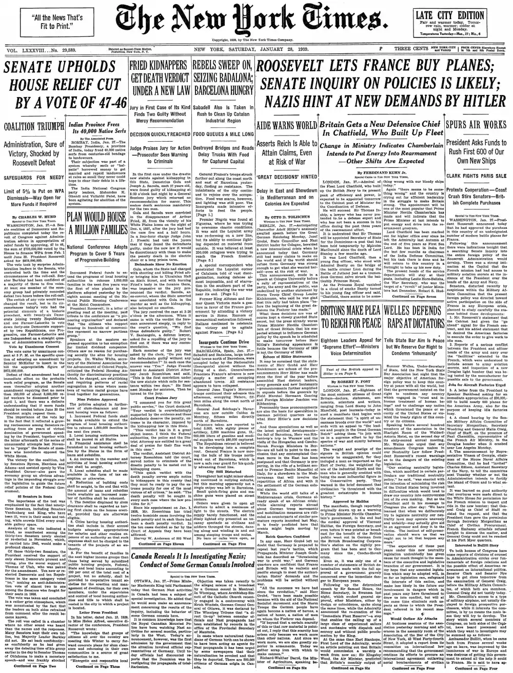 Saturday, January 28, 1939 – The New York Times Front Page