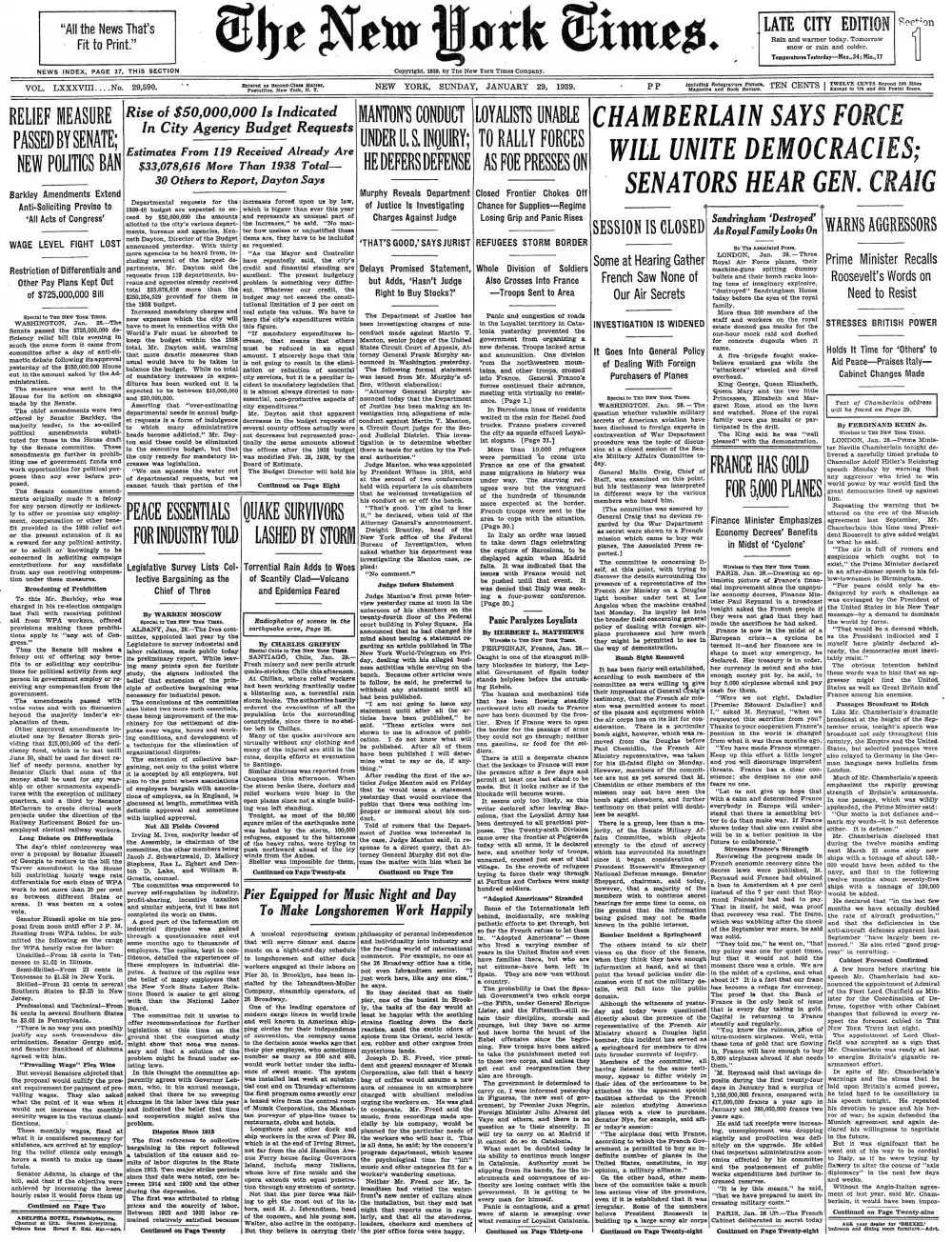 Sunday, January 29, 1939 – The New York Times Front Page