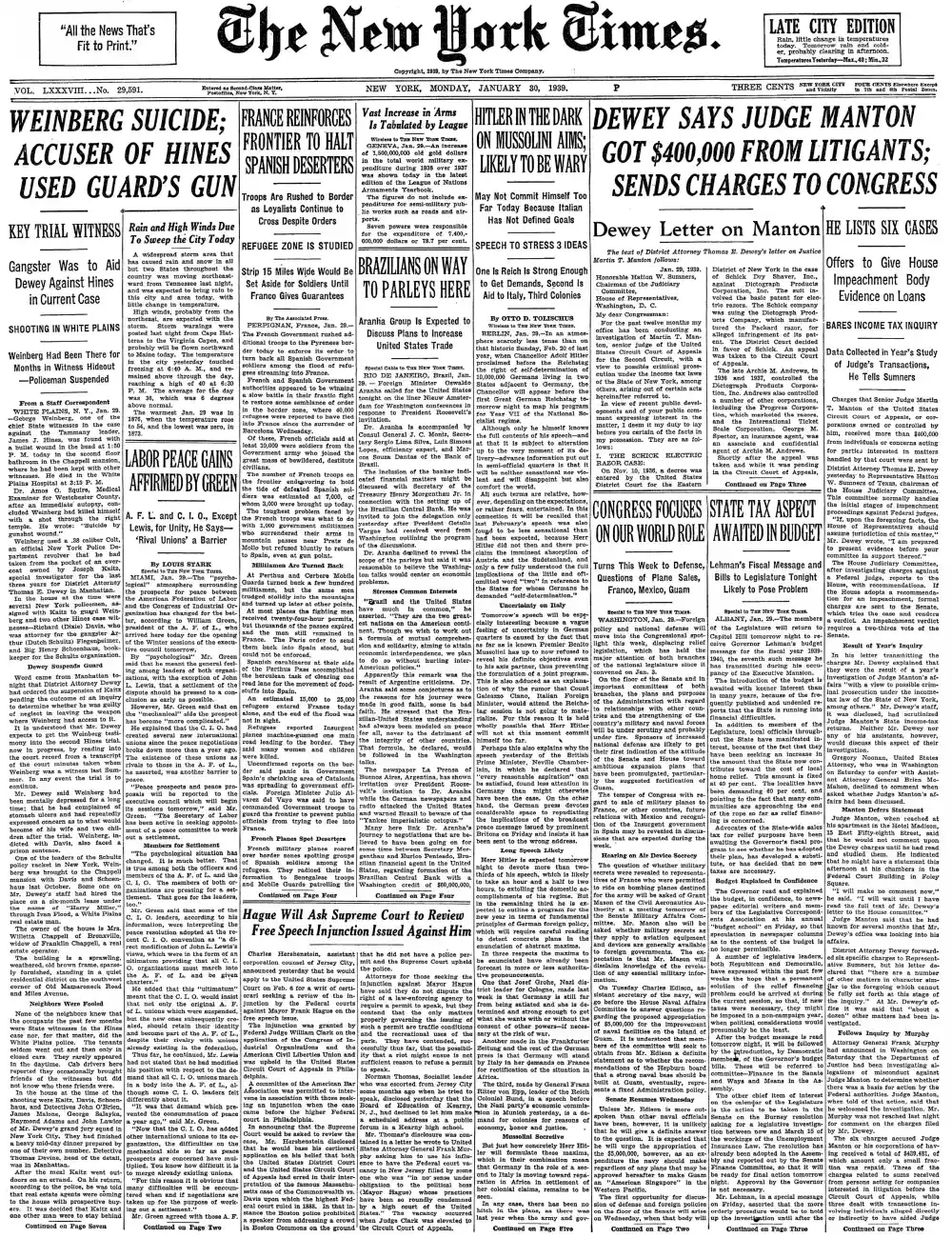 Monday, January 30, 1939 – The New York Times Front Page