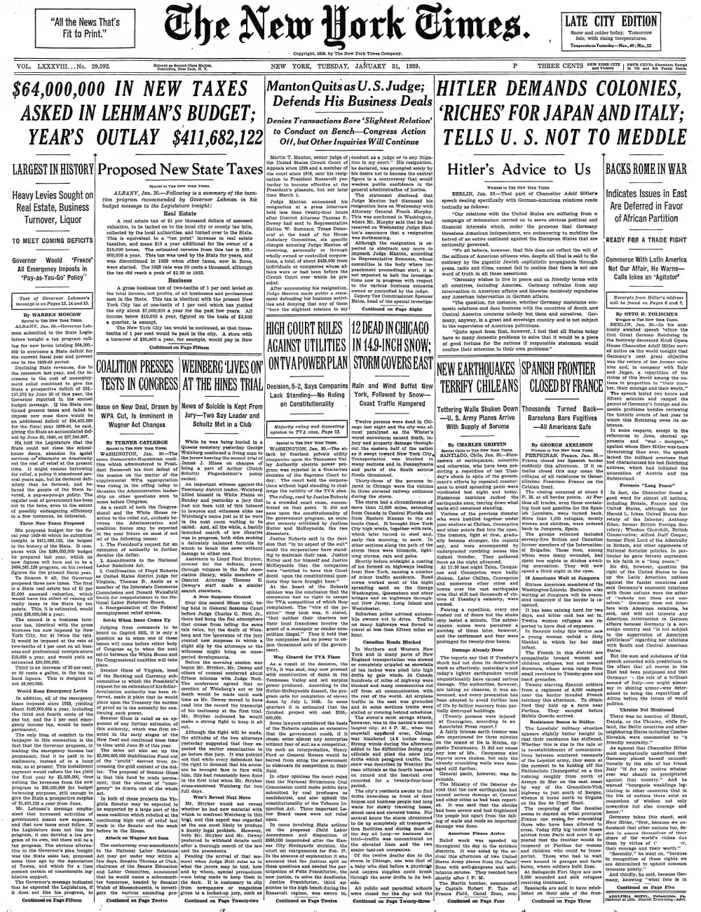 Tuesday, January 31, 1939 – The New York Times Front Page