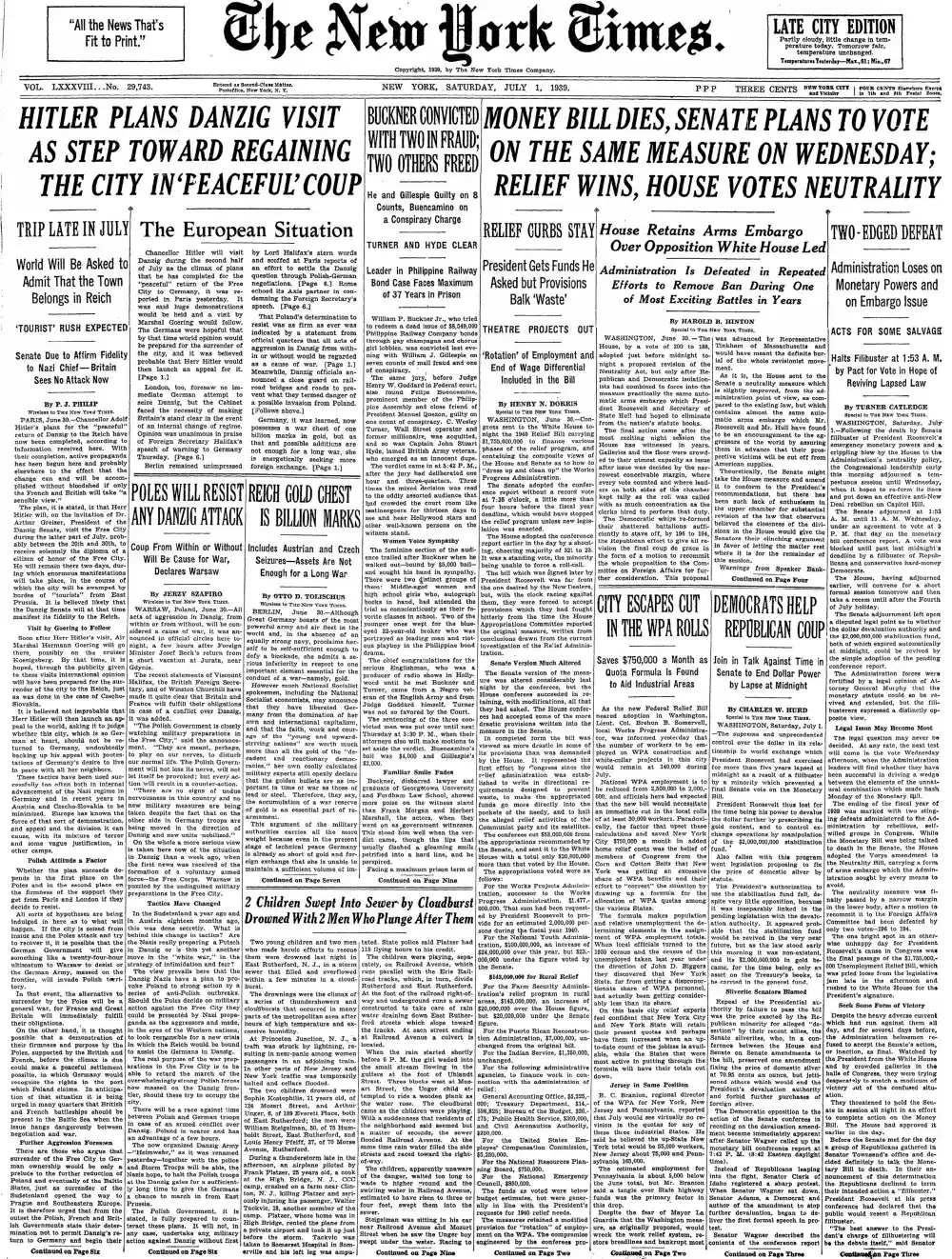 Saturday, July 1, 1939 – The New York Times Front Page