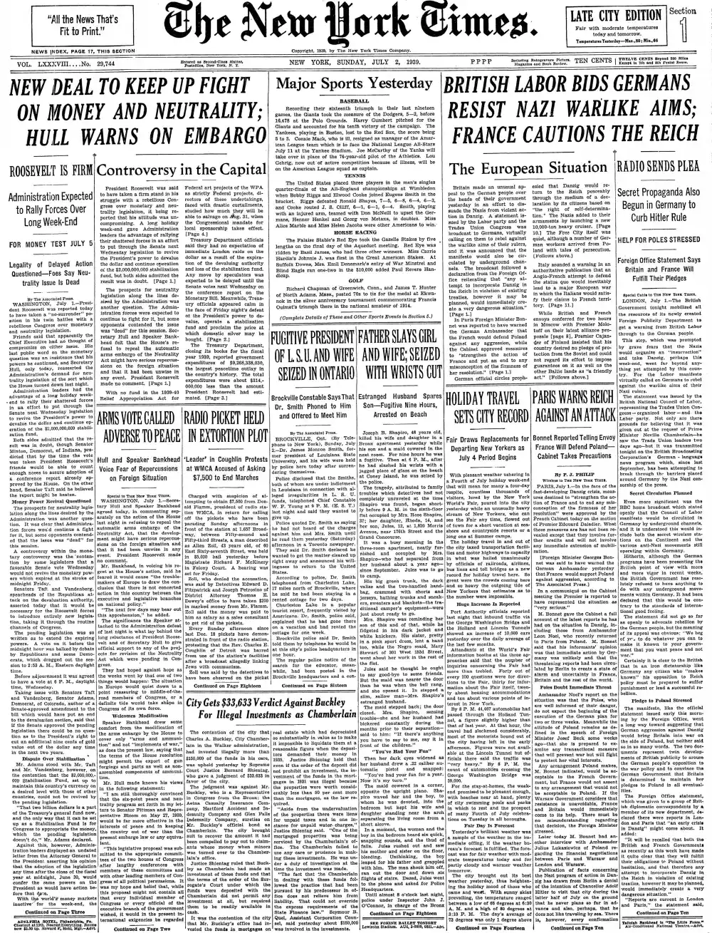 Sunday, July 2, 1939 – The New York Times Front Page