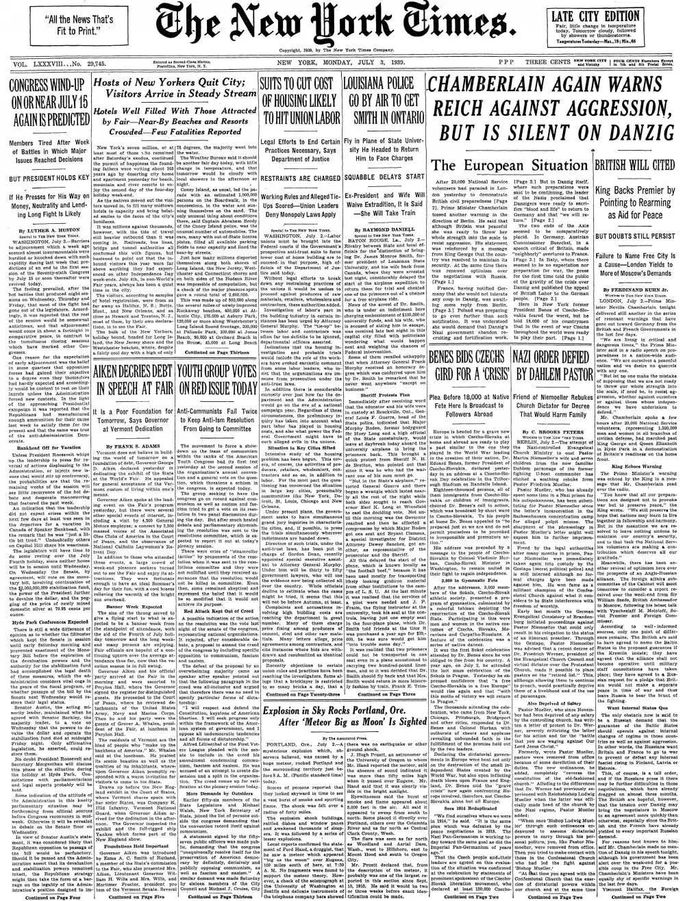 Monday, July 3, 1939 – The New York Times Front Page