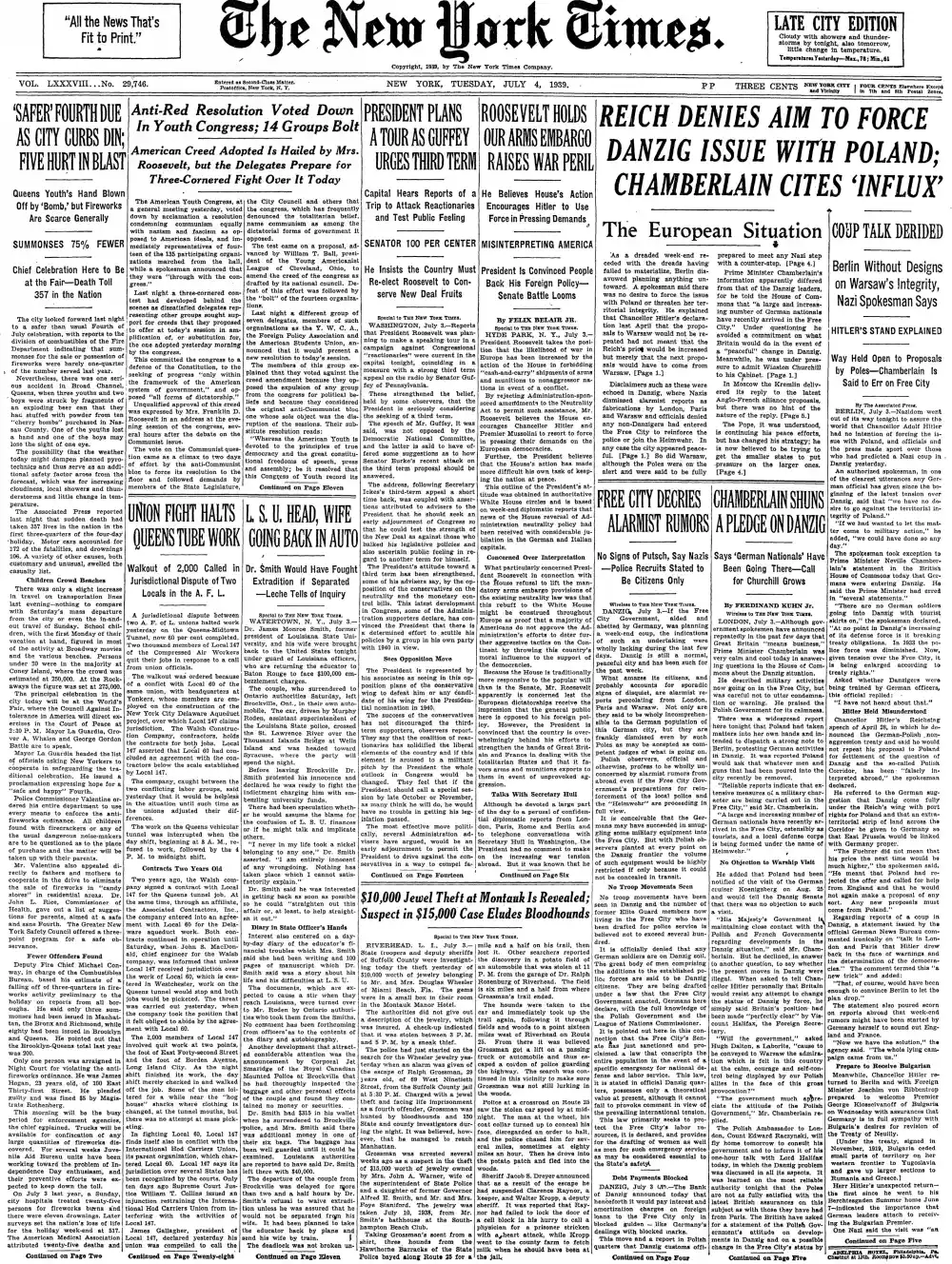 Tuesday, July 4, 1939 – The New York Times Front Page