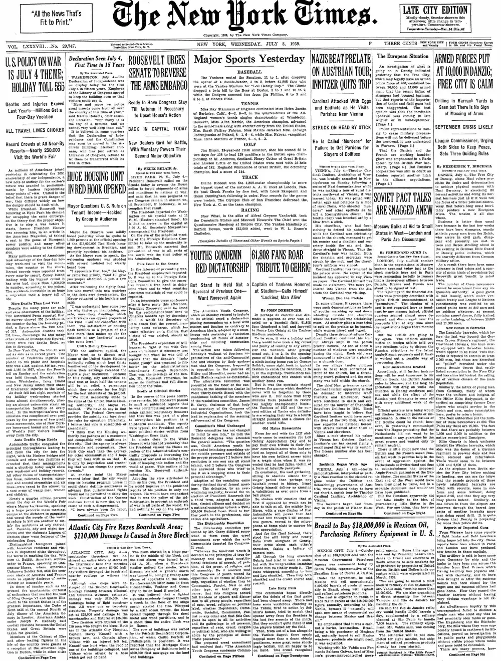 Wednesday, July 5, 1939 – The New York Times Front Page