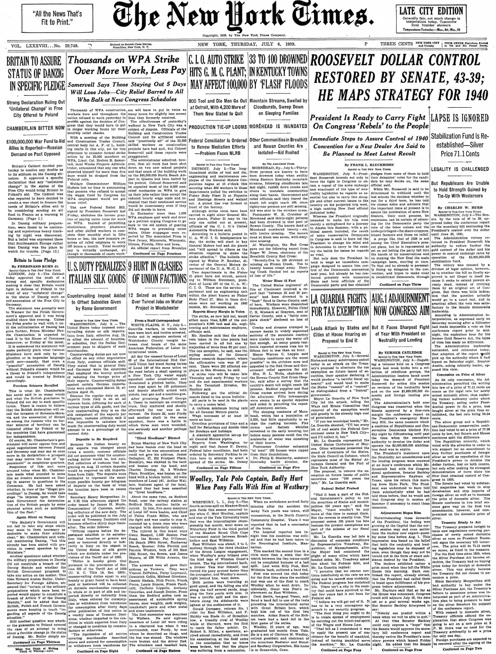 Thursday, July 6, 1939 – The New York Times Front Page