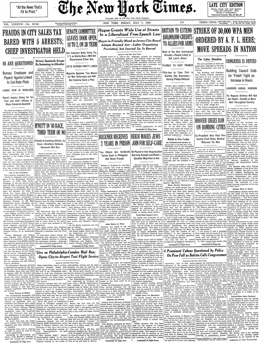 Friday, July 7, 1939 – The New York Times Front Page