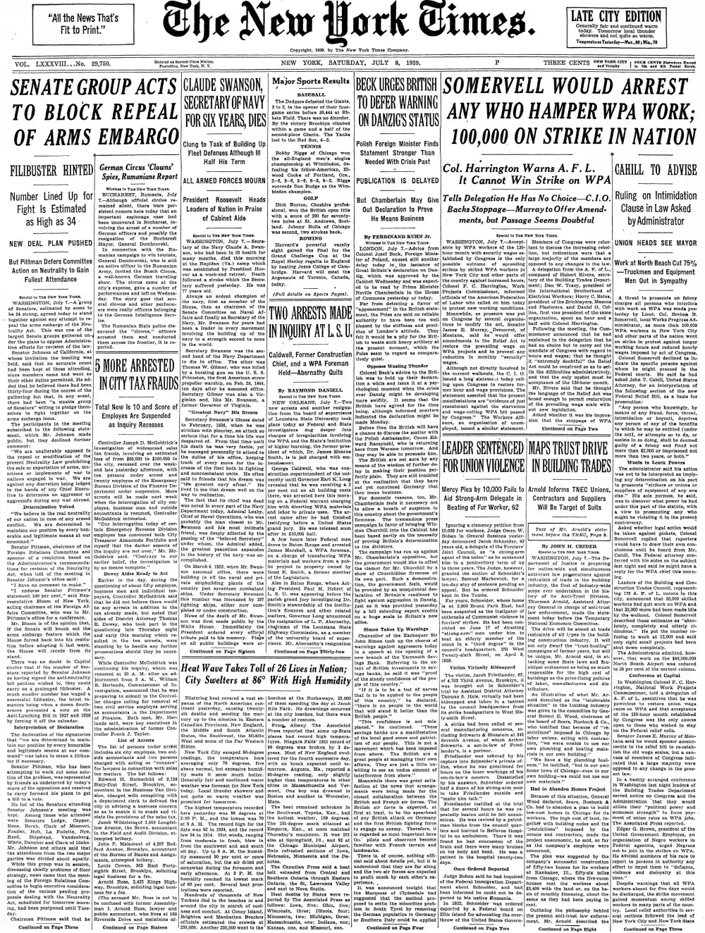 Saturday, July 8, 1939 – The New York Times Front Page