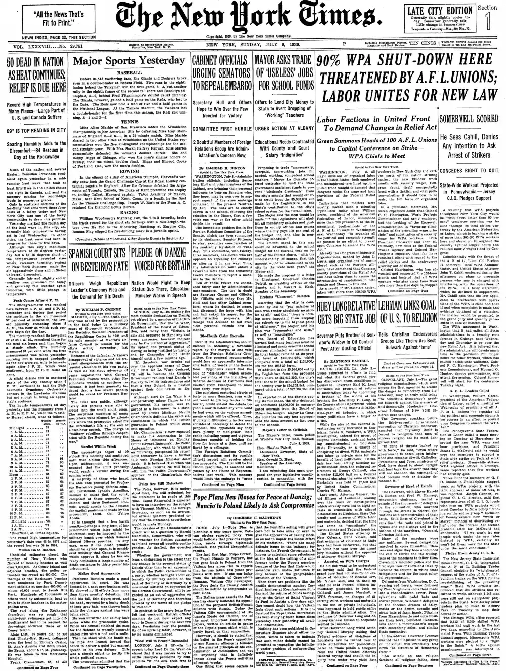 Sunday, July 9, 1939 – The New York Times Front Page
