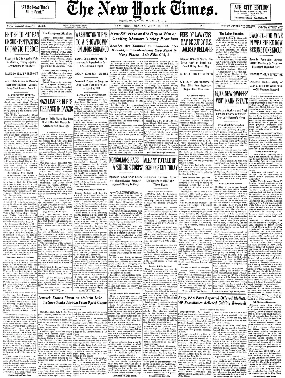 Monday, July 10, 1939 – The New York Times Front Page