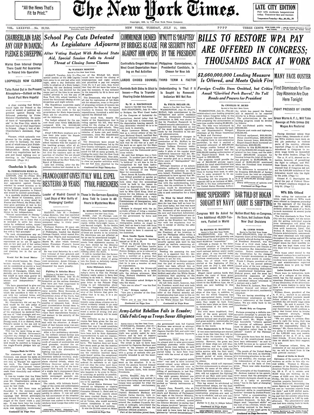 Tuesday, July 11, 1939 – The New York Times Front Page