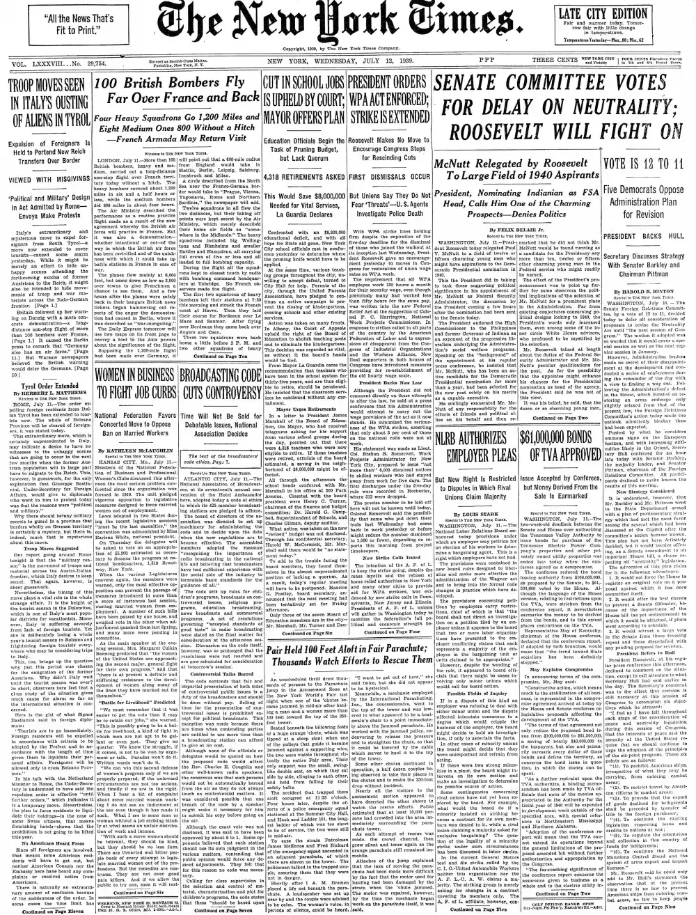 Wednesday, July 12, 1939 – The New York Times Front Page