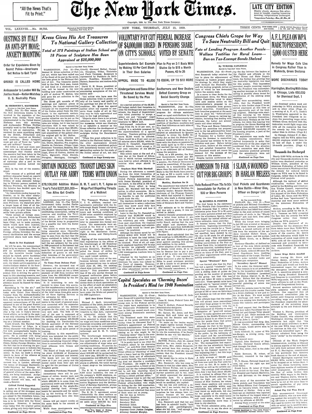 Thursday, July 13, 1939 – The New York Times Front Page
