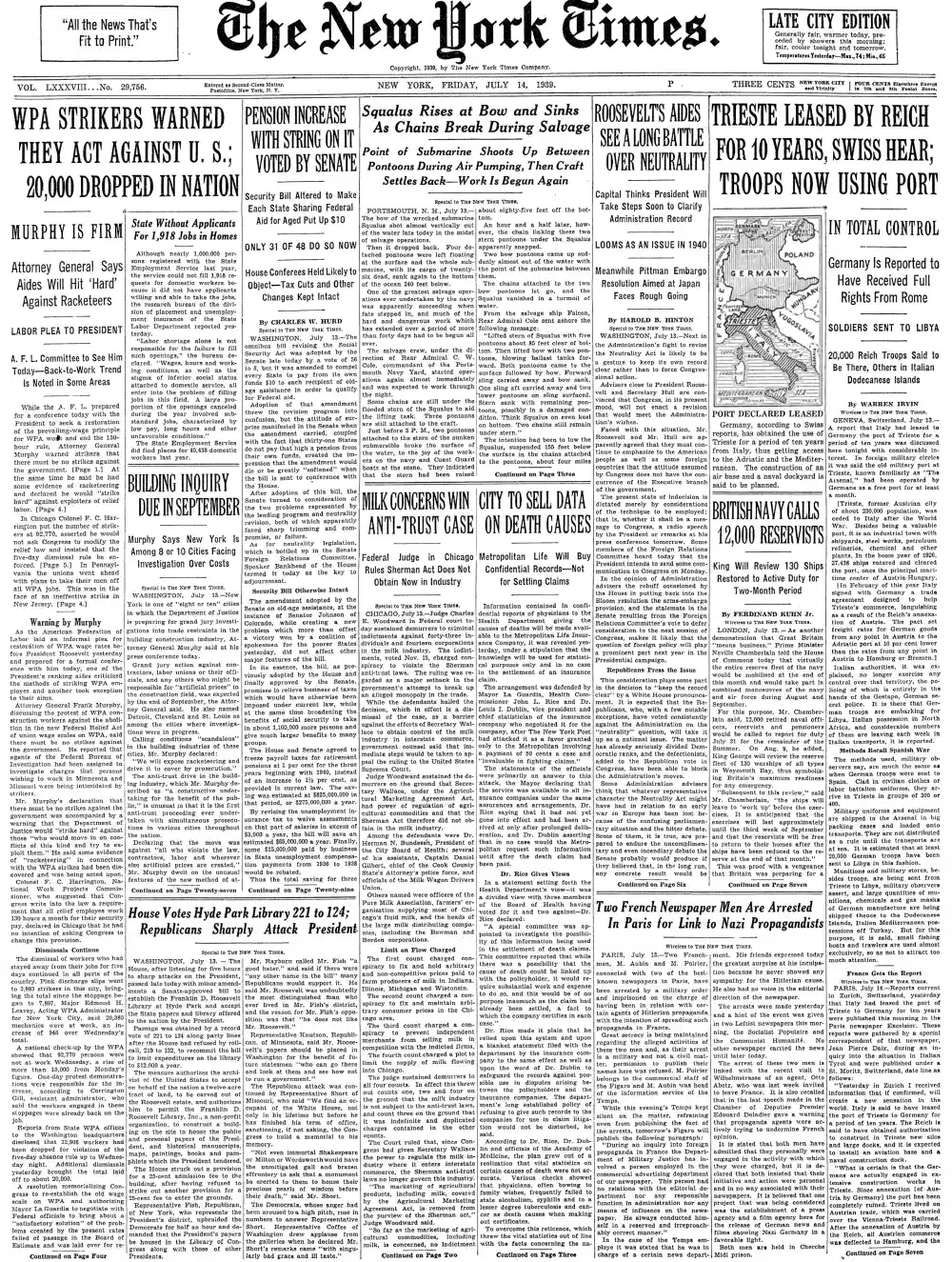 Friday, July 14, 1939 – The New York Times Front Page