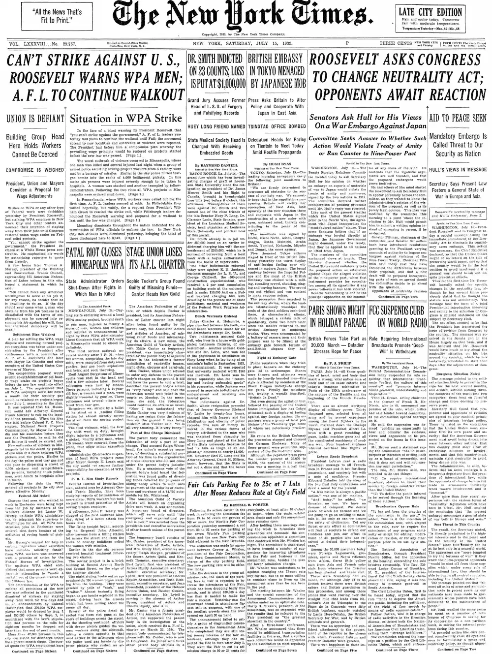 Saturday, July 15, 1939 – The New York Times Front Page