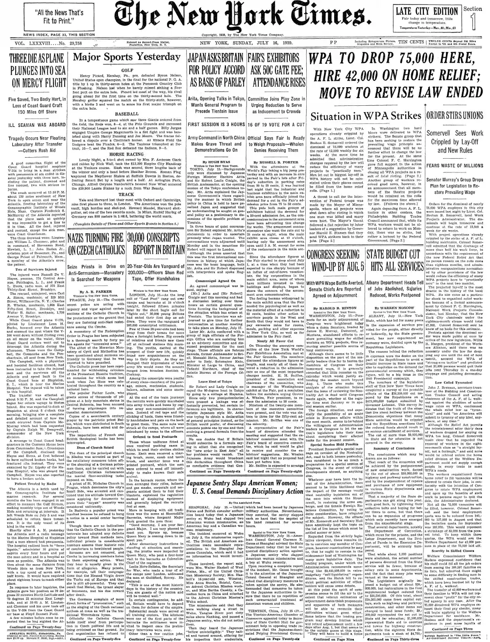 Sunday, July 16, 1939 – The New York Times Front Page