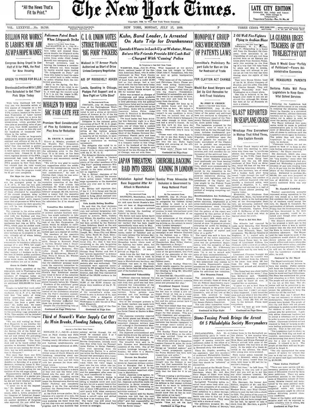 Monday, July 17, 1939 – The New York Times Front Page