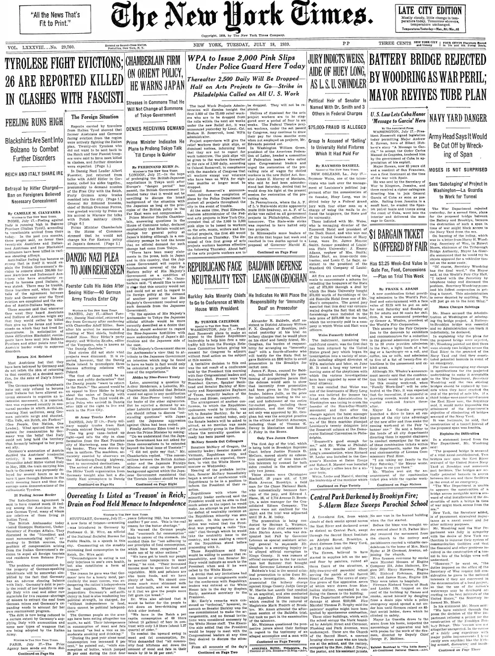 Tuesday, July 18, 1939 – The New York Times Front Page