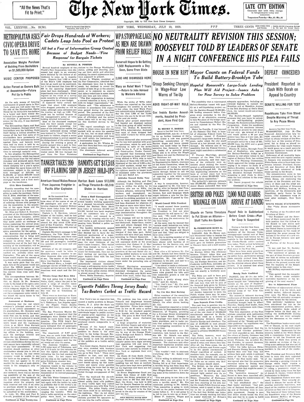 Wednesday, July 19, 1939 – The New York Times Front Page